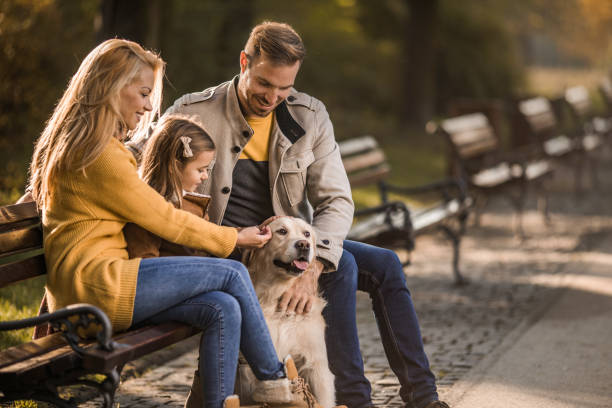 istock Happy family relaxing on a park bench while spending a day with their dog. 984039344