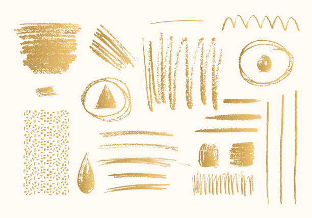 illustrazioni stock, clip art, cartoni animati e icone di tendenza di set di forme e linee di pennello oro con bordi ruvidi. doodle isolate vettoriali. texture scarabocchiata a matita. - pen writing instrument pencil gold