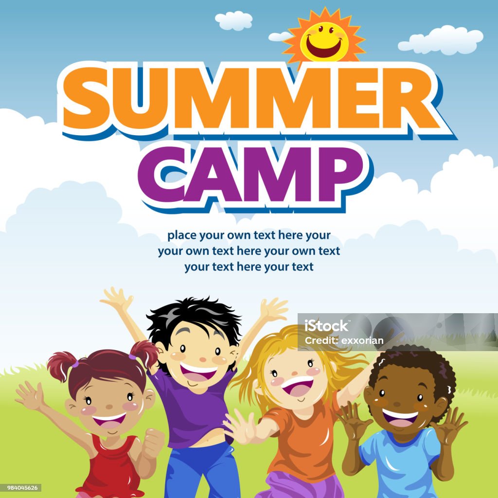 Kids Summer Camp Heading to kids summer camp for meeting new friends and learning new skills Summer Camp stock vector