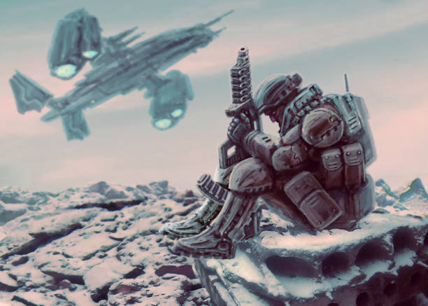 istock Soldier of the future sits with large plasma gun. 984046282