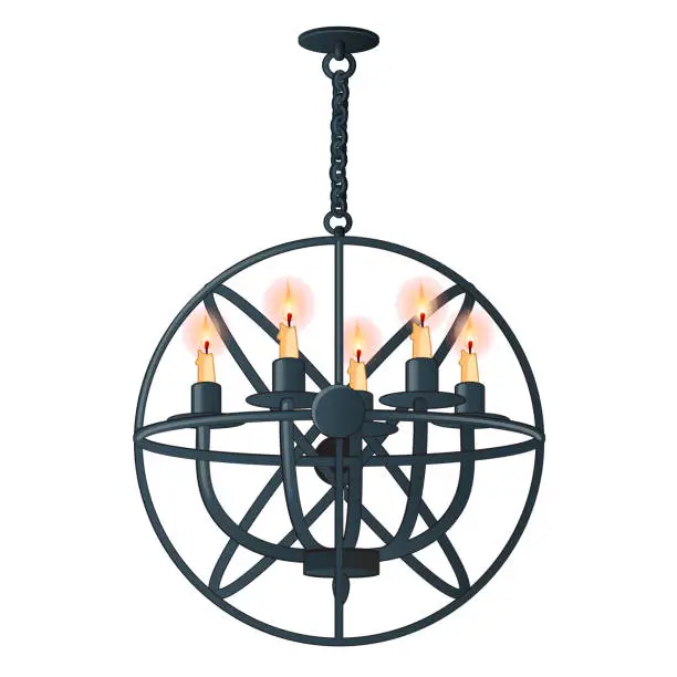 Vector illustration of Massive steel chandelier with candles in medieval style isolated on white background. Vector cartoon close-up illustration