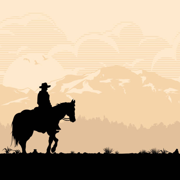 silhouette des einsamen cowboys reiten bei sonnenuntergang, vektor-illustration - cowboy cowboy hat hat summer stock-grafiken, -clipart, -cartoons und -symbole