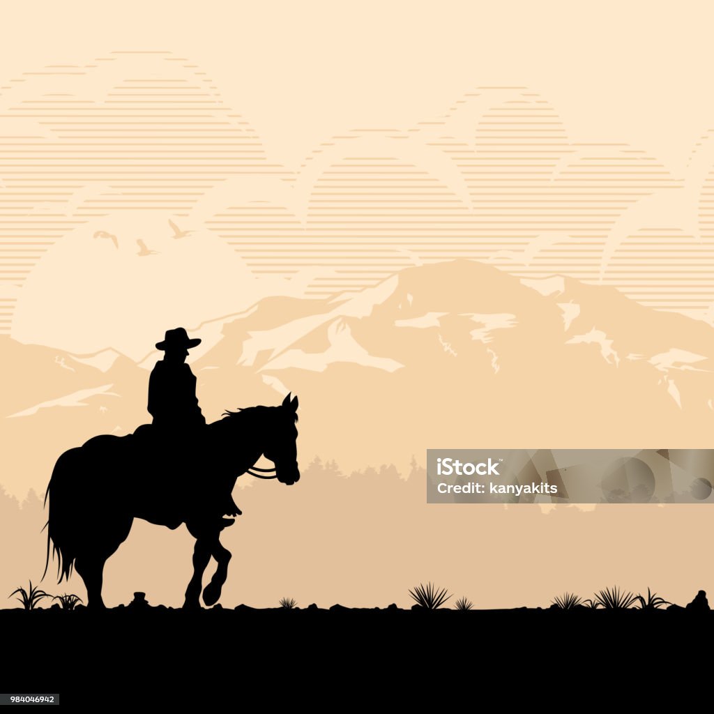 Silhouette of lonesome cowboy riding horse at sunset, Vector Illustration lonesome,lonely,one,rider,ranch,remote,solitary,western,american,usa,australia,texas,sunrise,sign,retro,vintage,cowboy,silhouette,landscape,vector,horse,background,sunset,scene,illustration,desert,wild,west,man,nature,canyon,riding,design,sun,travel,orange,outdoors,mountain,environment,country,people,person,summer,young,banner Cowboy stock vector