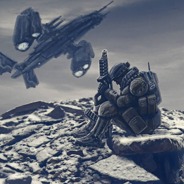 istock Soldier of the future awaits evacuation. Landing spacecraft. 984050354