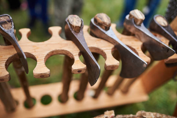 istock Medieval iron axes, with wooden handles 984053792
