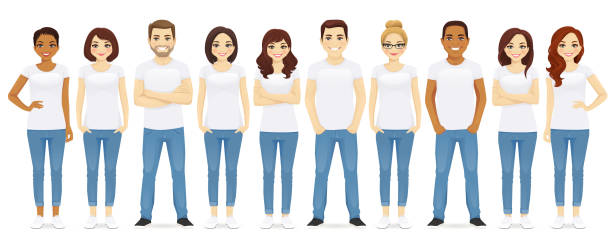 illustrations, cliparts, dessins animés et icônes de groupe de personnes - t shirt white men jeans