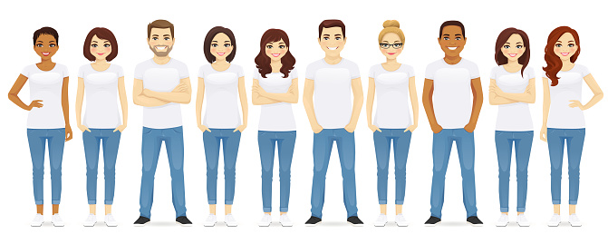 Group of young people standing in white t-shirts isolated