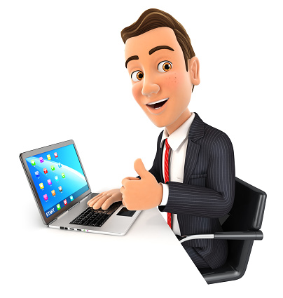 3d businessman working on laptop with thumb up, illustration with isolated white background