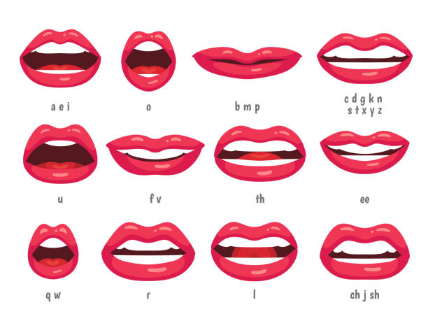  Boca animación sincronización de labios fonemas animados para dibujos animados mujer personaje bocas con labios rojos hablando animaciones vector conjunto stock ilustración