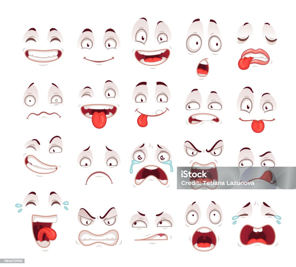 Cartoon Faces Happy Excited Smile Laughing Unhappy Sad Cry And Scared Face  Expressions Expressive Caricatures Vector Set Stock Illustration - Download  Image Now - iStock