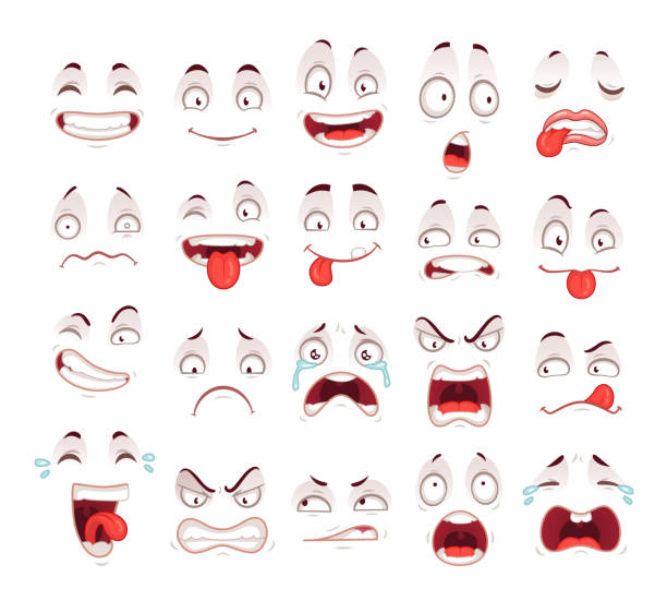 Cartoon faces. Happy excited smile laughing unhappy sad cry and scared face expressions. Expressive caricatures vector set Cartoon faces. Happy excited smile laughing unhappy sad cry mouth and crazy sick scared face expressions character symbol. Expressive caricatures comic doodle tongue people vector isolated icon set cartoon human face eye stock illustrations