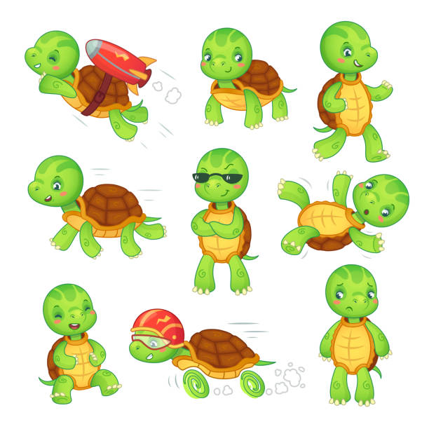 ilustrações, clipart, desenhos animados e ícones de filho de tartaruga. correndo rápida tartaruga. crianças verde tartarugas desenhos animados personagens isolados vector ilustração conjunto - terrapin