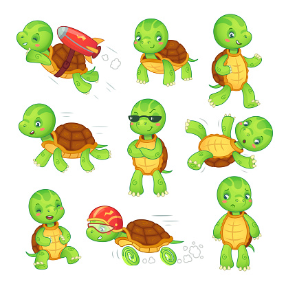 Turtle child. Running fast tortoise cartoon characters icon. Green funny walking run fall standing and rocket fly kids turtles cute wildlife animals in shell isolated vector illustration symbol set