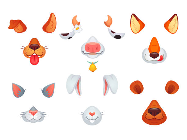 Animal masks. Video chat dog, cat, fox, bear, bunny and cow mask. Phone photo face filter with animals ears and nose vector set Animal masks. Video chat character dog, cat, fox, bear, bunny and cow colorful funny cartoon video mask symbol. Phone photo decor face filter with animals ears and nose snout icon vector isolated set bunny ear stock illustrations