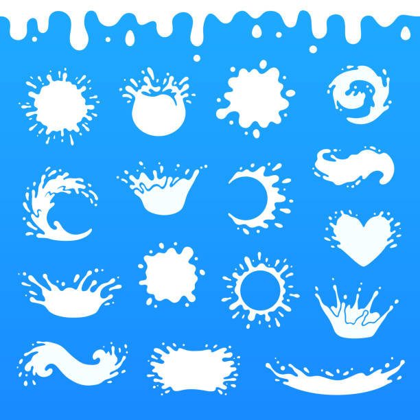 ilustraciones, imágenes clip art, dibujos animados e iconos de stock de batido blanco salpicaduras, gotas de bebida de la leche, yogurt fresco leche salpica o natural gota láctea blots vector set - splash