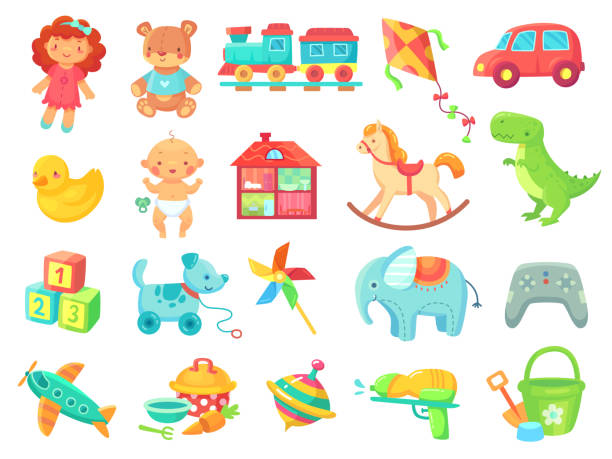 stockillustraties, clipart, cartoons en iconen met grappige pluche beer meisje doll speelgoed auto kleurrijke plastic speelgoed objecten vector collectie - toys