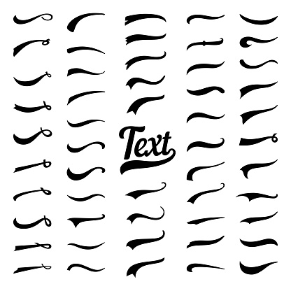 Typography tails shape for football or athletics sport team sign text. Texting letters tail for lettering or old baseball varsity sport logo design black vector retro line typography isolated icon set