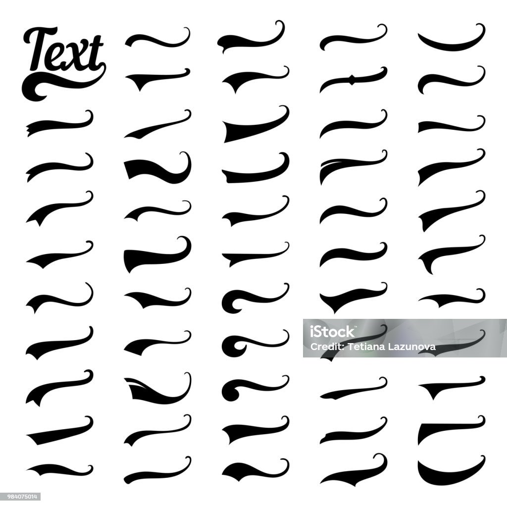 Sporty swirling tail football and baseball typography swashes. Swirled plume curly tails for retro style text vector set Sporty swirling tail typography swashes. Swirled plume curly tails sport logo. Swish black retro style text font for football baseball and athletics t-shirt logotype vector isolated template sign set Baseball - Sport stock vector