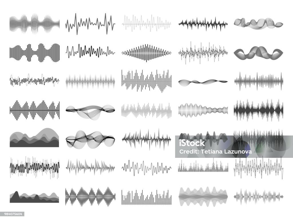 Sound wave and music digital equalizer panel. Soundwave amplitude sonic beat pulse voice visualization vector illustration Sound wave and music digital equalizer panel. Soundwave amplitude form radio frequency musical sonic beat pulse and voice visualization vibration waves vector isolated icon illustration collection Wave Pattern stock vector