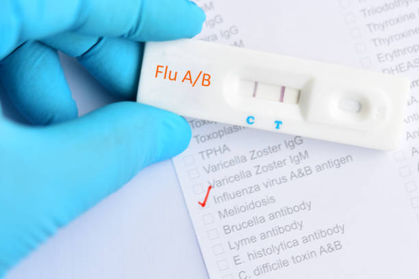 Influenza A/B positive test result Influenza A/B positive test result by using rapid test cassette flu virus stock pictures, royalty-free photos & images