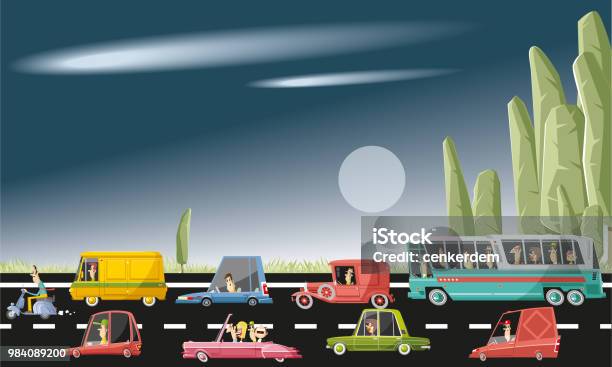 Riders At Night Stock Illustration - Download Image Now - Car, Multiple Lane Highway, Convoy
