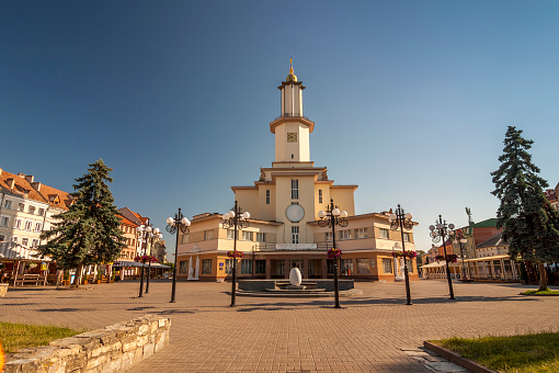 The center of Ivano-Frankivsk city, Ukraine, in summer 2016. The City Hall Building in the Art Deco style was built in 1935