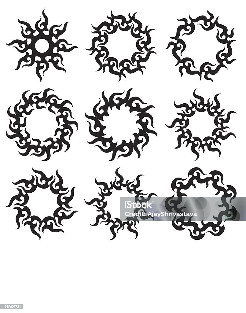 Artistic black and white tribal sun tattoo designs Tribal tattoo set Sun, Flame Designs Abstract stock vector