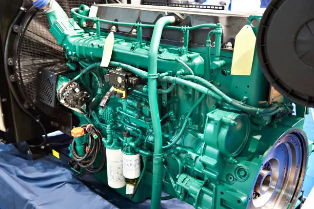 Industrial diesel engine in green paint