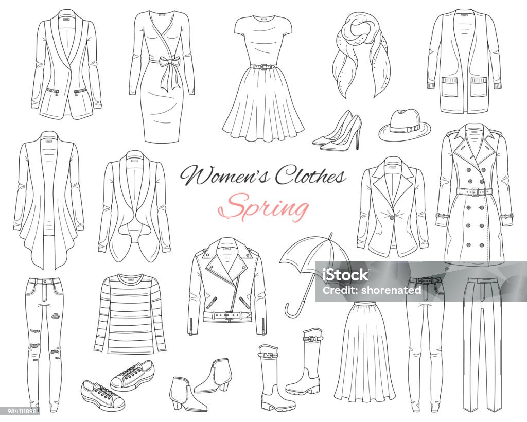 Women clothes collection. Spring outfit. Vector illustration Female fashion set. Women clothes collection. Spring outfit dresses, jeans, tops, blazers, leather jacket, trench coat, cardigans, boots and sneakers. Vector sketch illustration. Blazer - Jacket stock vector