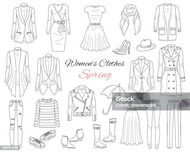 Women Clothes Collection Spring Outfit Vector Illustration Stock Illustration - Download Image Now