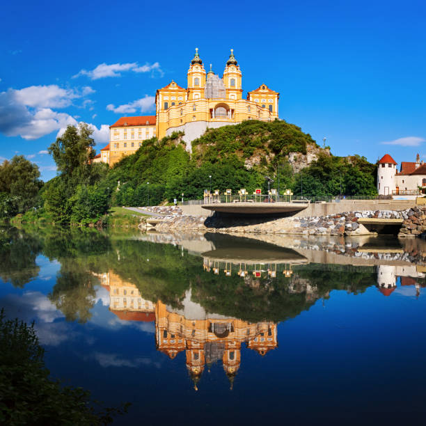 Panorama of the famous St. Peter and Paul Church in Melk Benedictine Abbey, Wachau Valley, Lower Austria stock photo