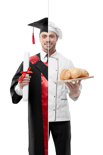 Comparison of university's graduate chef's outlook. Student wearing black and red graduation gown, keeping diploma. Chef wearing white chef's tunic, holing porcelian plate with fresh baked croissants.