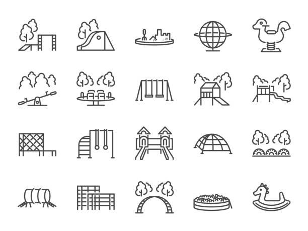 Playground icon set. Included icons as kids outdoor toy, sandbox, children parks, slide, monkey bar, dome climber, jungle gym and more. Playground icon set. Included icons as kids outdoor toy, sandbox, children parks, slide, monkey bar, dome climber, jungle gym and more. playground stock illustrations