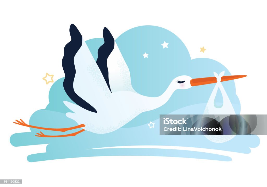 Vector illustration of a stork carrying a baby in a bag Vector illustration of a stork. Stork carrying a baby in a bag. Can be used for cards, flyers, posters, t-shirts. Stork stock vector
