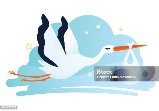 Vector Illustration Of A Stork Carrying A Baby In A Bag Stock Illustration - Download Image Now