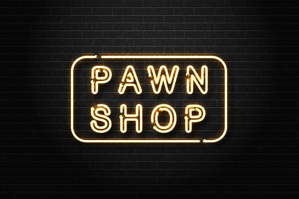 illustrazioni stock, clip art, cartoni animati e icone di tendenza di vettore realistico segno al neon isolato del logo pawn shop per la decorazione e la copertura sullo sfondo della parete. - buying label sign sale