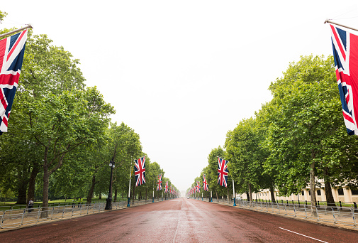 The Mall decorated with Union Jack flags London UK