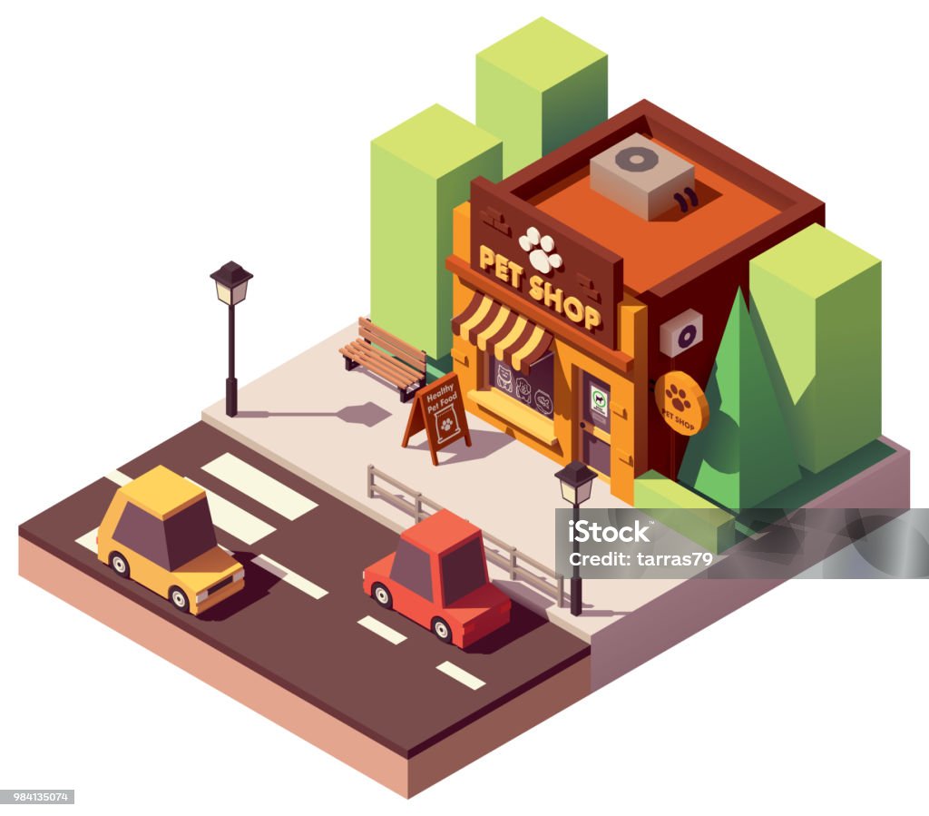 Vector isometric pet store Vector isometric pet store with signboard and awning Isometric Projection stock vector