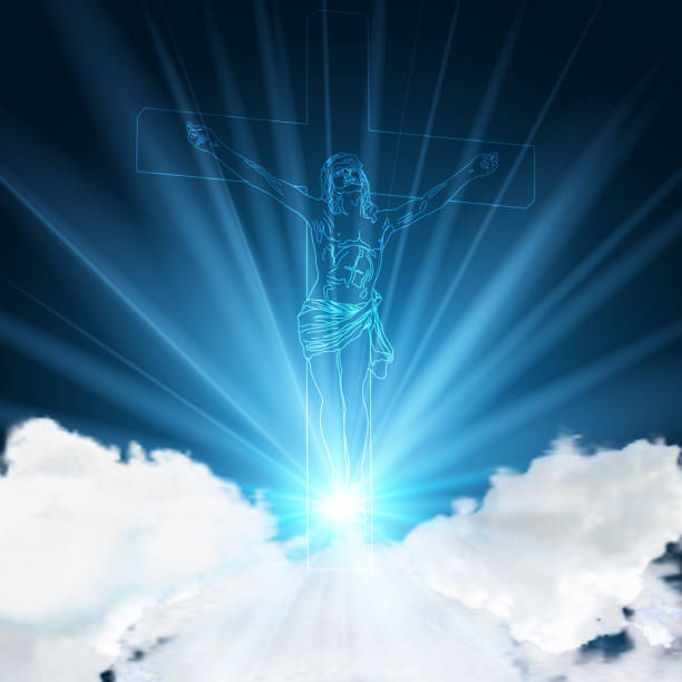 istock Glowing blue jesus pinned to a crucifix on light blue sky and clouds as Christianity Church background concept, vector illustration 984138274