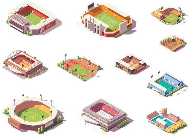 ilustraciones, imágenes clip art, dibujos animados e iconos de stock de vector de isométrica estadios de - american football soccer stadium football