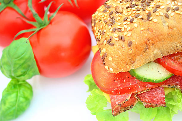 istock Fresh sandwich with salami cheese and vegetables 98422828