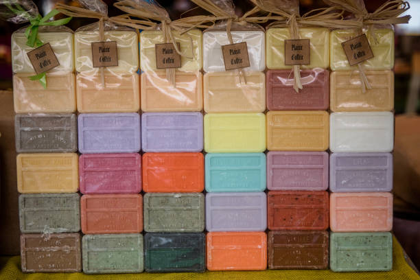 Nice, France - November 5, 2016: Beautiful handcrafted soap souvenirs from souvenir shop in Nice. Text on the label: Pleasure to offer.