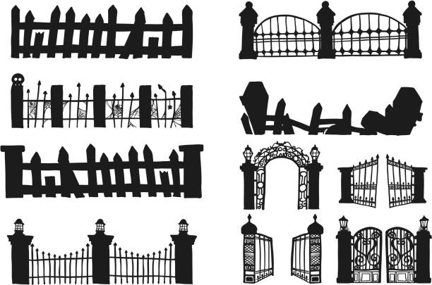 Set of halloween fence Set of halloween fence.Fence vector by hand drawing angry cat silhouette stock illustrations