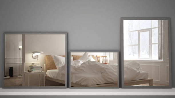Three modern mirrors on shelf or desk reflecting interior design scene, scandinavian classic bedroom, minimalist white architecture interior design