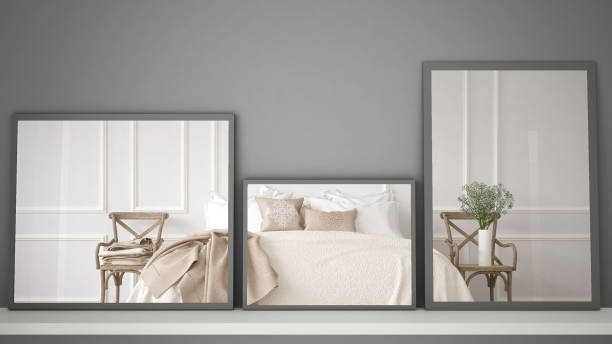 istock Three modern mirrors on shelf or desk reflecting interior design scene, classic vintage bedroom, minimalist white architecture interior design 984254184