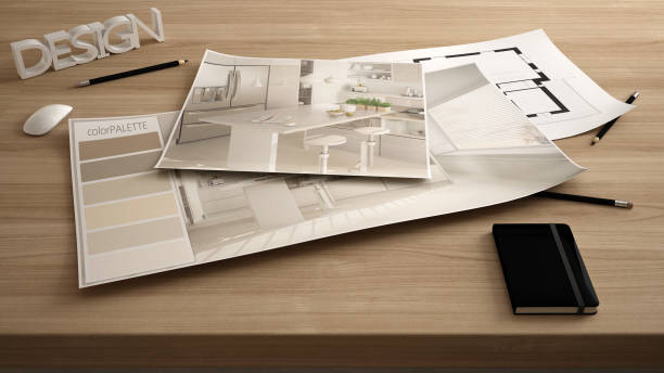 istock Architect designer concept, table close up with interior renovation draft, plan and color palette, project idea background, modern wooden kitchen 984254314