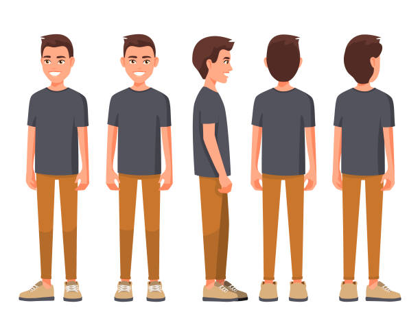 Vector illustration of smiling men in casual clothes under the white background. Cartoon realistic people set. Flat young man. Front view man, Side view man, Back side view man, Isometric view. Vector illustration of smiling men in casual clothes under the white background. Cartoon realistic people set. Flat young man. Front view man, Side view man, Back side view man, Isometric view. kids tshirt stock illustrations