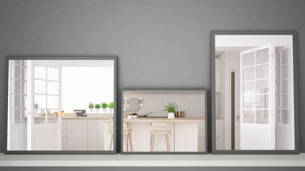 istock Three modern mirrors on shelf or desk reflecting interior design scene, scandinavian contemporary kitchen, minimalist white architecture interior design 984254362