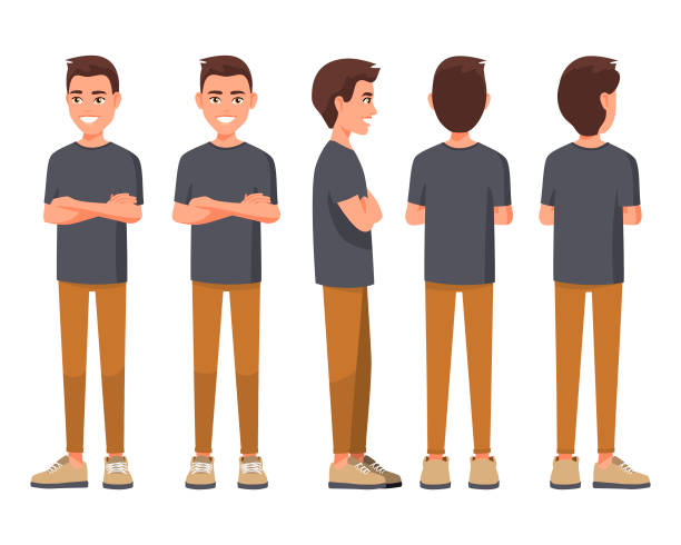 Vector illustration of smiling men in casual clothes with crossed arms. Cartoon realistic people set. Flat young man. Crossed hands. Front view man, Side view man, Back side view man, Isometric view. Vector illustration of smiling men in casual clothes with crossed arms. Cartoon realistic people set. Flat young man. Crossed hands. Front view man, Side view man, Back side view man, Isometric view. ass boy stock illustrations