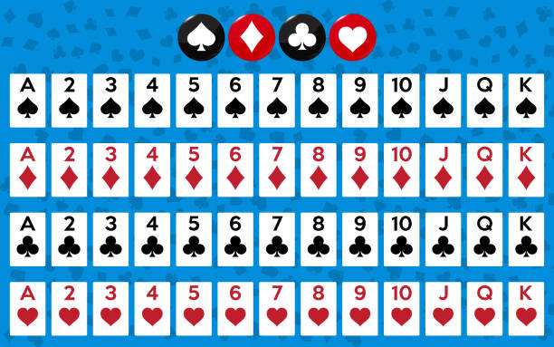 ilustraciones, imágenes clip art, dibujos animados e iconos de stock de mazo completo de cartas para jugar al poker y casino. ilustración de vector. - poker cards royal flush leisure games